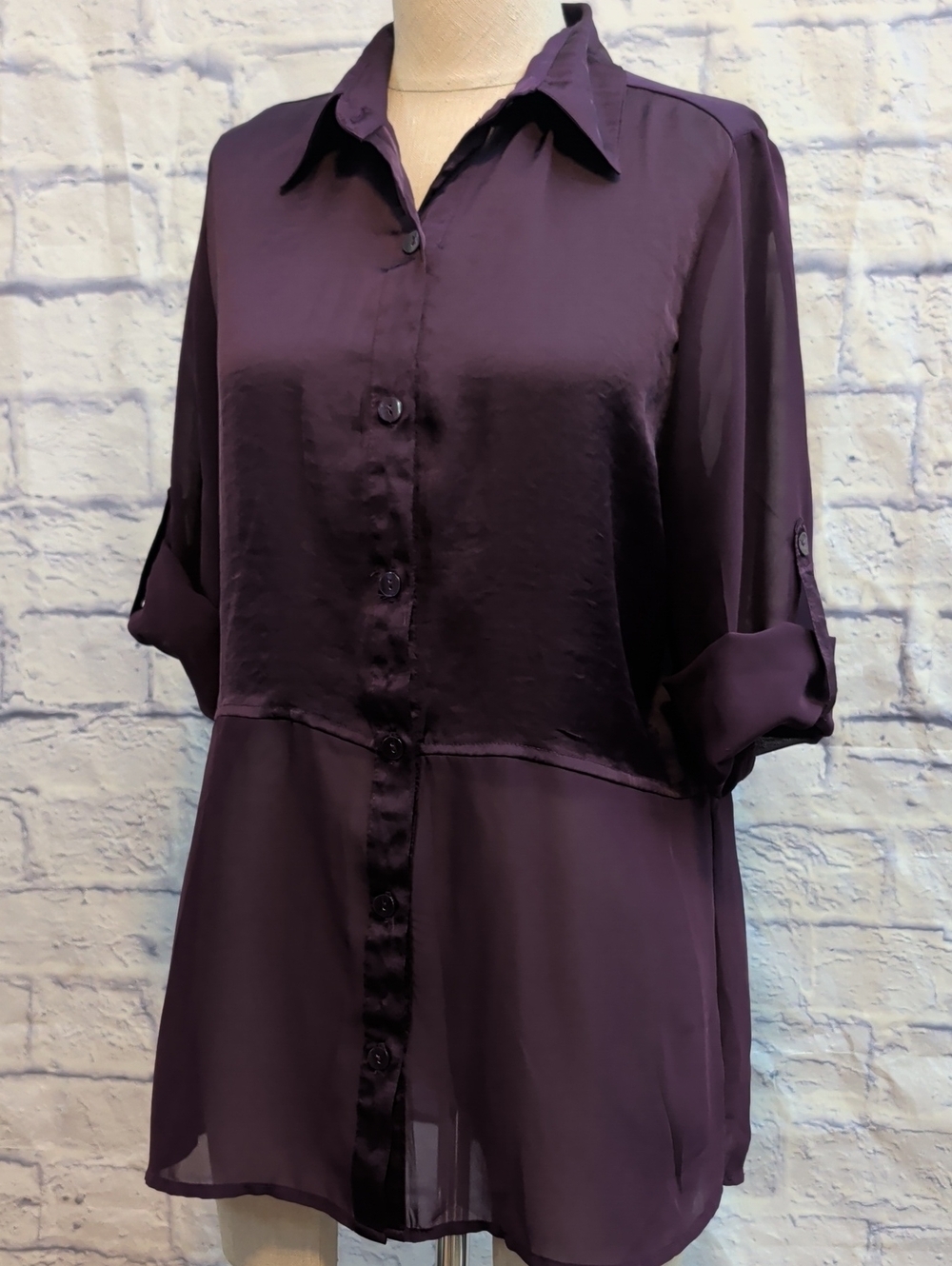 Maurices Purple Button-Up Blouse w/ Sheer Panels - Size Medium